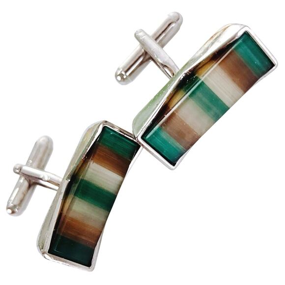 Vintage 1970s Striped Glass Inlay Modernist Geometric Cufflinks Mens Mod Jewelry - Picture 1 of 12